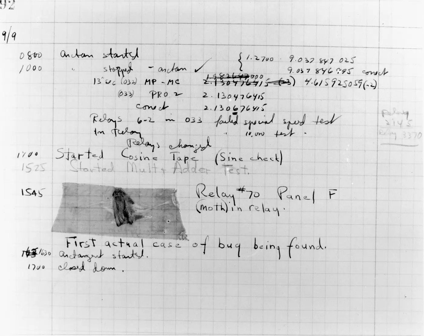 A page of the Harvard Mark II logbook with a moth taped to it, noted as the first actual case of bug being found